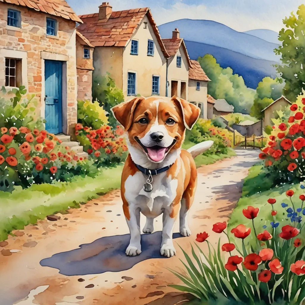 a painting of a dog standing on a path in a garden with flowers and a house in the background, naive art, a storybook illustration, Bob Thompson, professional digital painting