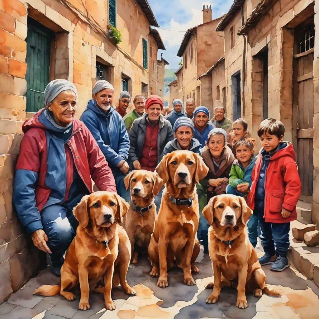 a painting of a group of people and dogs in a street with buildings and cobblestones in the background, photorealism, a photorealistic painting, Diego Gisbert Llorens, highly detailed oil painting
