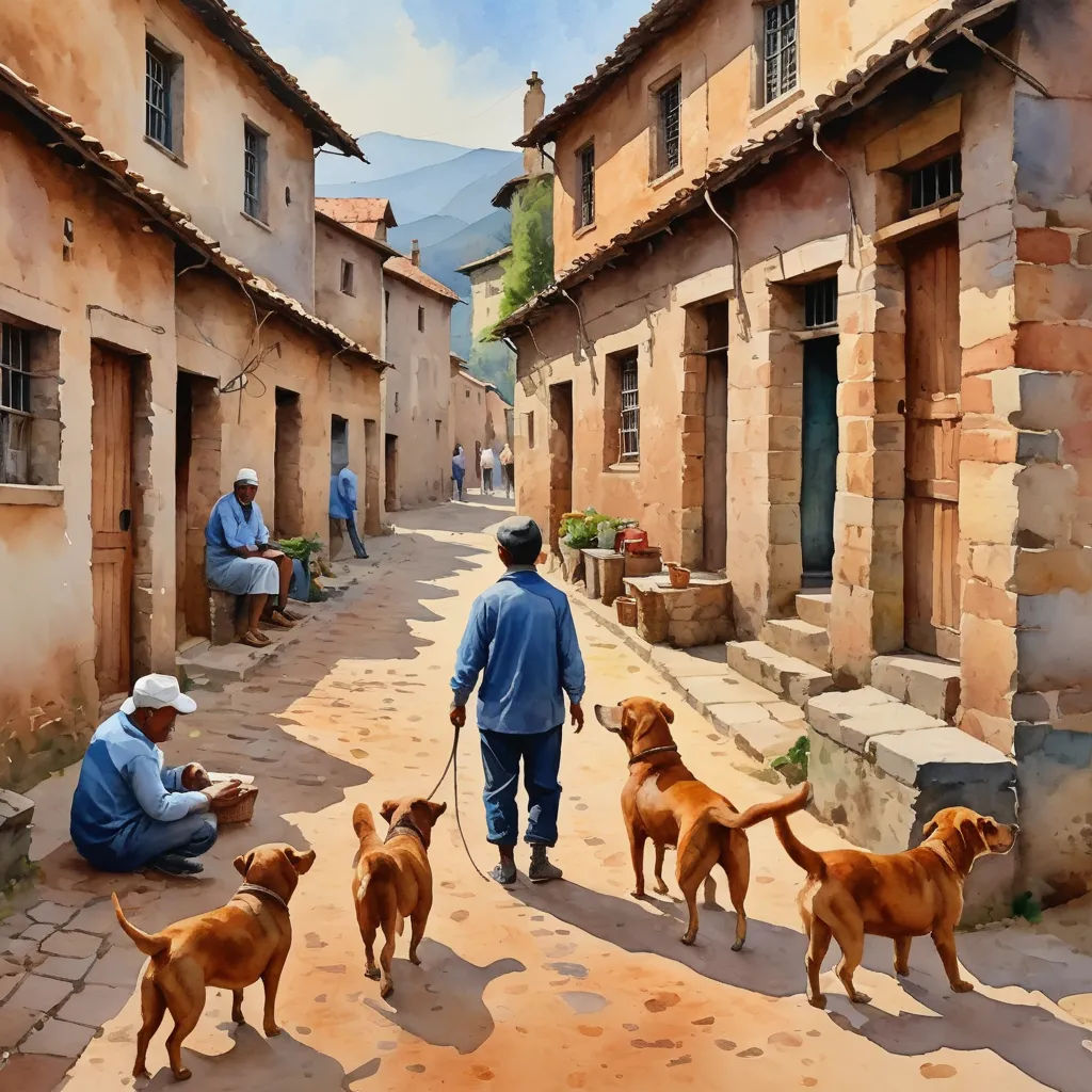 a painting of a man walking his dogs down a street with two other men sitting on the sidewalk and a woman walking two dogs, figurative art, a fine art painting, Art Brenner, stanley artgermm