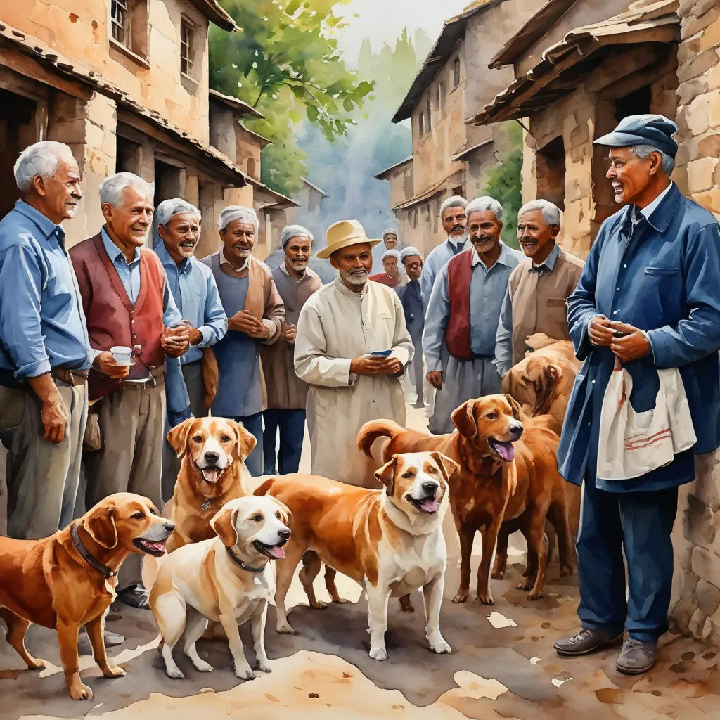 a painting of a group of people and dogs in a village with older men and women standing around them, figurative art, a fine art painting, Art Brenner, highly detailed digital painting