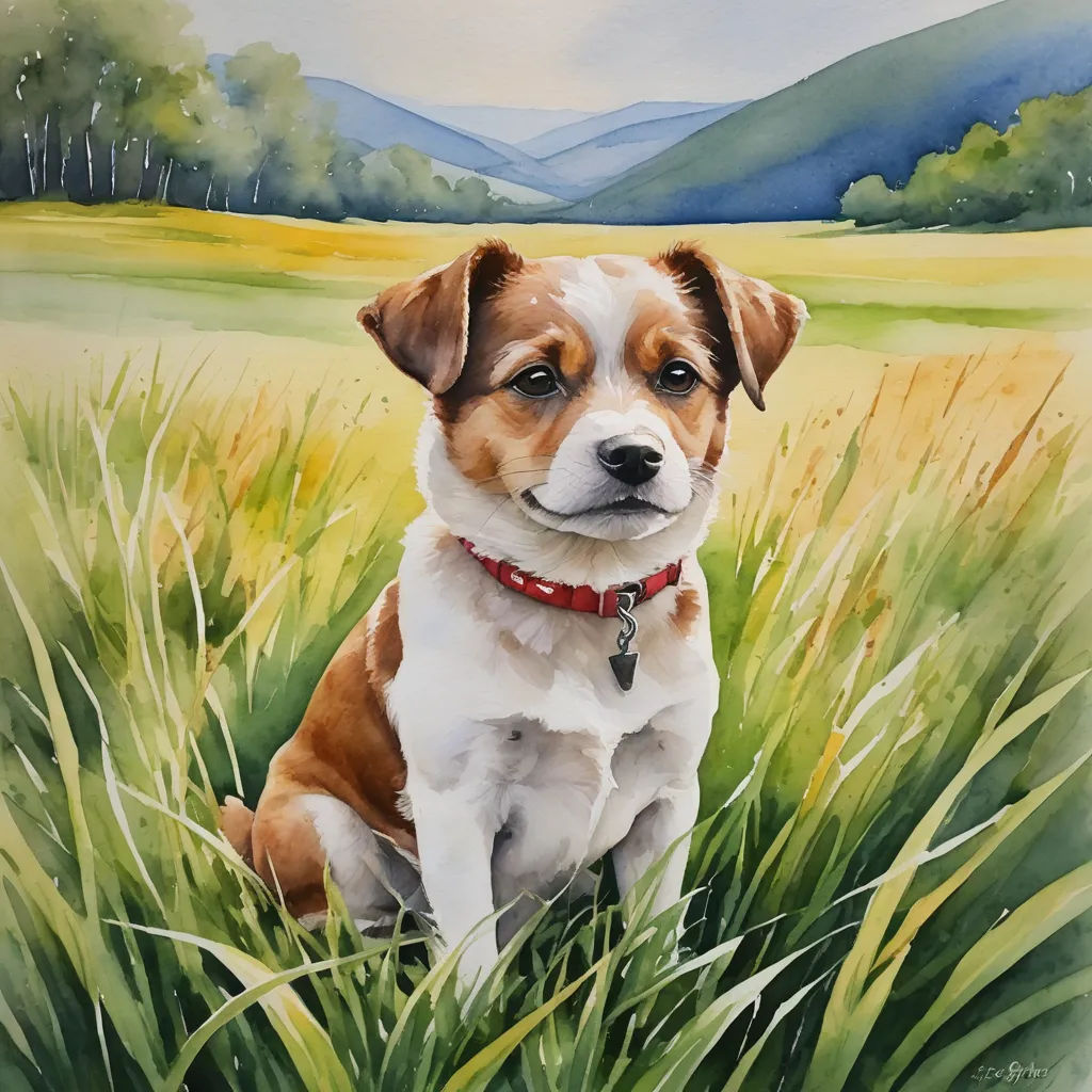 a painting of a dog sitting in a field of grass with mountains in the background and a red collar, photorealism, a watercolor painting, Carol Sutton, in gouache detailed paintings