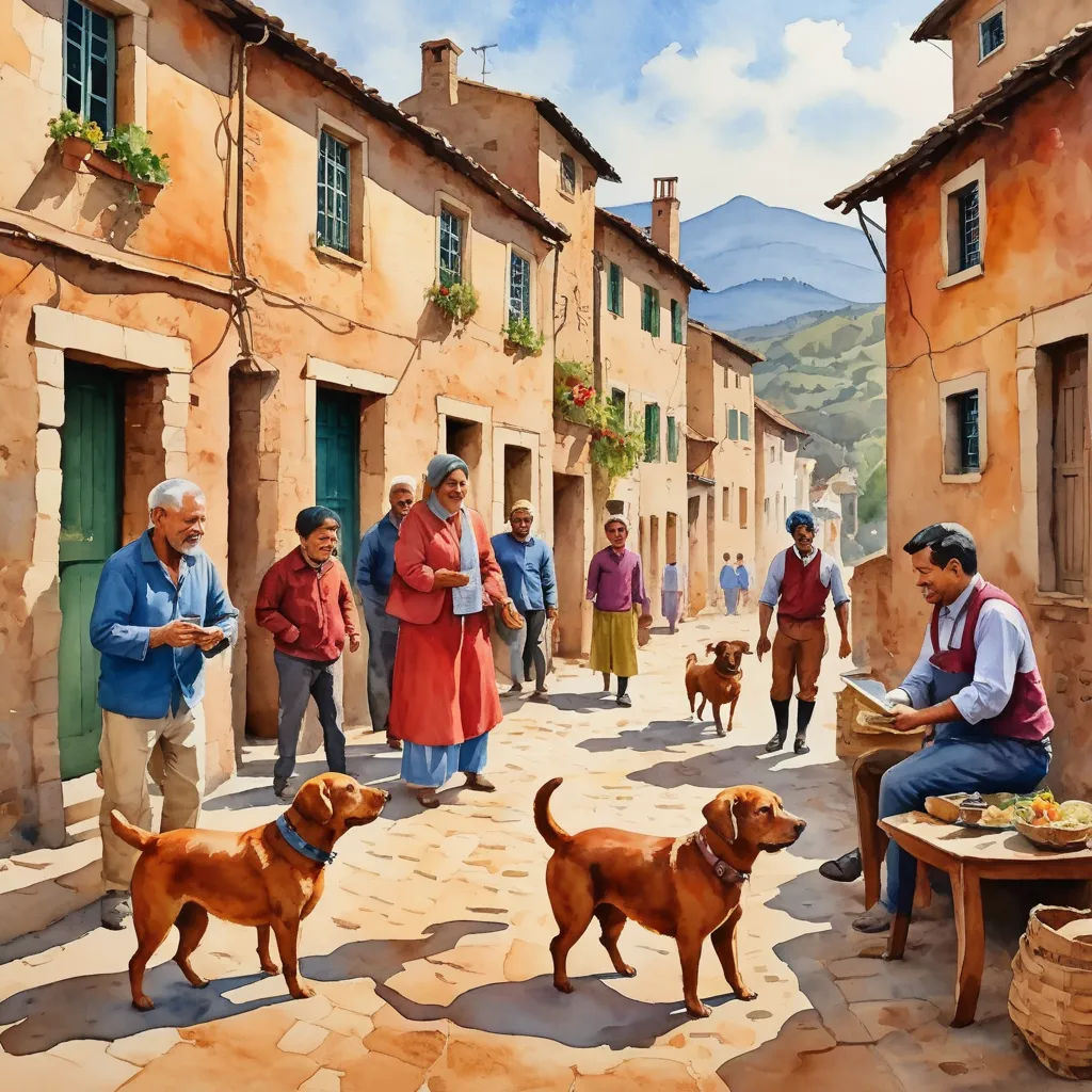 a painting of a group of people and dogs in a village setting with a man sitting on a bench, american scene painting, a fine art painting, Colin Middleton, highly detailed digital painting