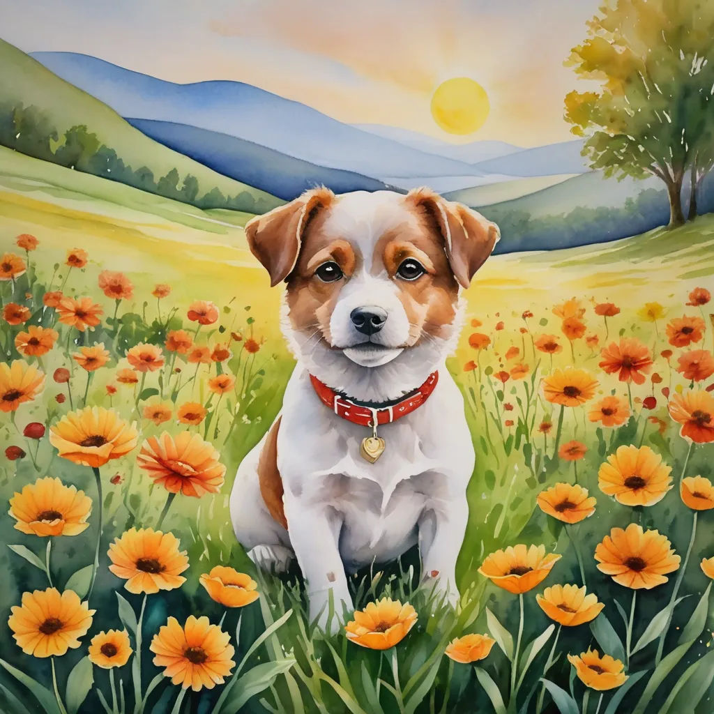 a painting of a dog sitting in a field of flowers with a mountain in the background and a sun setting, naive art, a fine art painting, Elinor Proby Adams, highly detailed digital painting