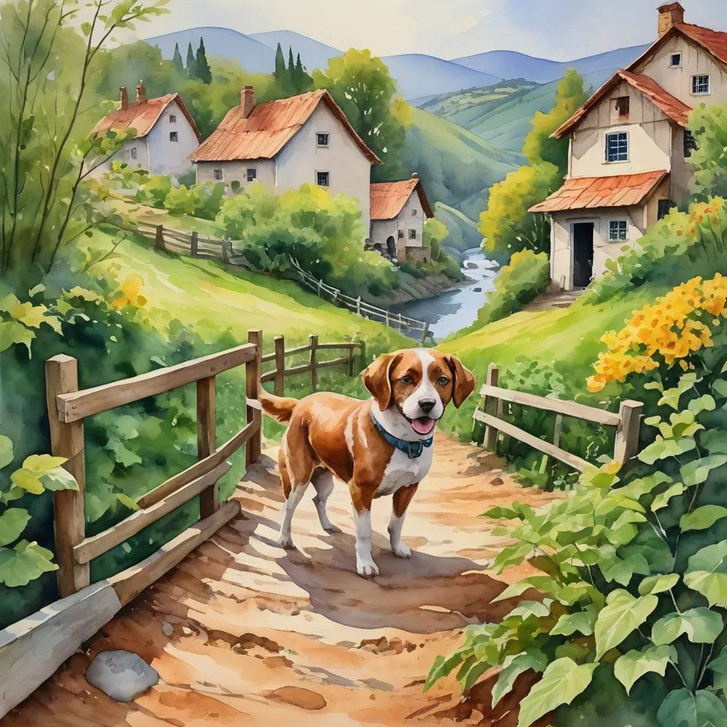 a painting of a dog standing on a path in a rural area with houses and flowers in the background, american scene painting, a storybook illustration, David Brewster, kinkade