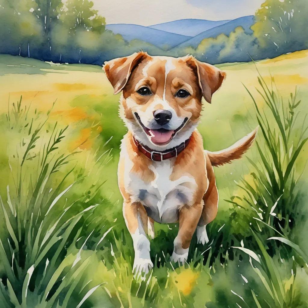 a painting of a dog in a field of grass with mountains in the background and a blue sky in the background, photorealism, a watercolor painting, Carol Sutton, professional digital painting