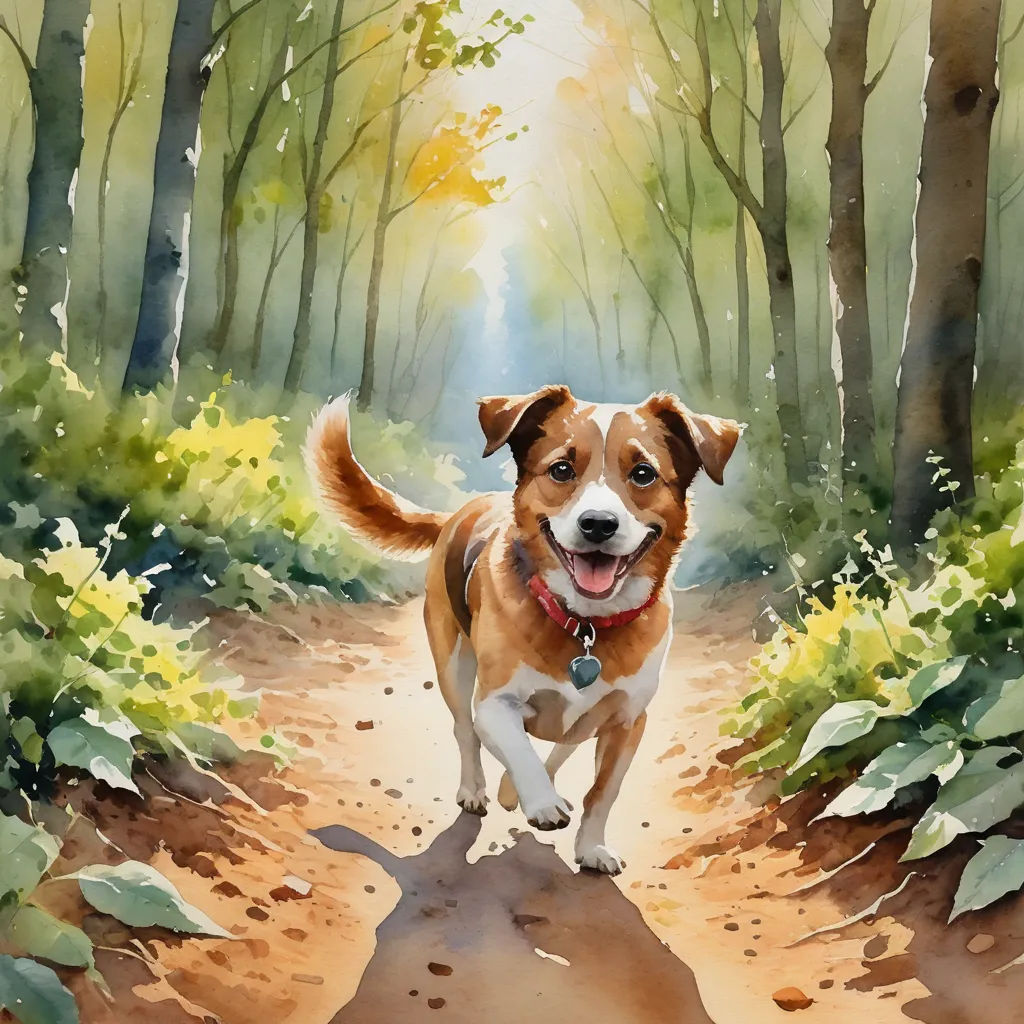 a painting of a dog walking down a dirt path in the woods with trees and leaves on either side, photorealism, a watercolor painting, David Brewster, watercolor