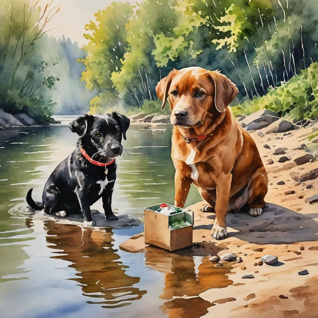 a painting of two dogs sitting on a beach next to a river and a box of food in the water, figurative art, a fine art painting, Bob Thompson, highly detailed digital painting