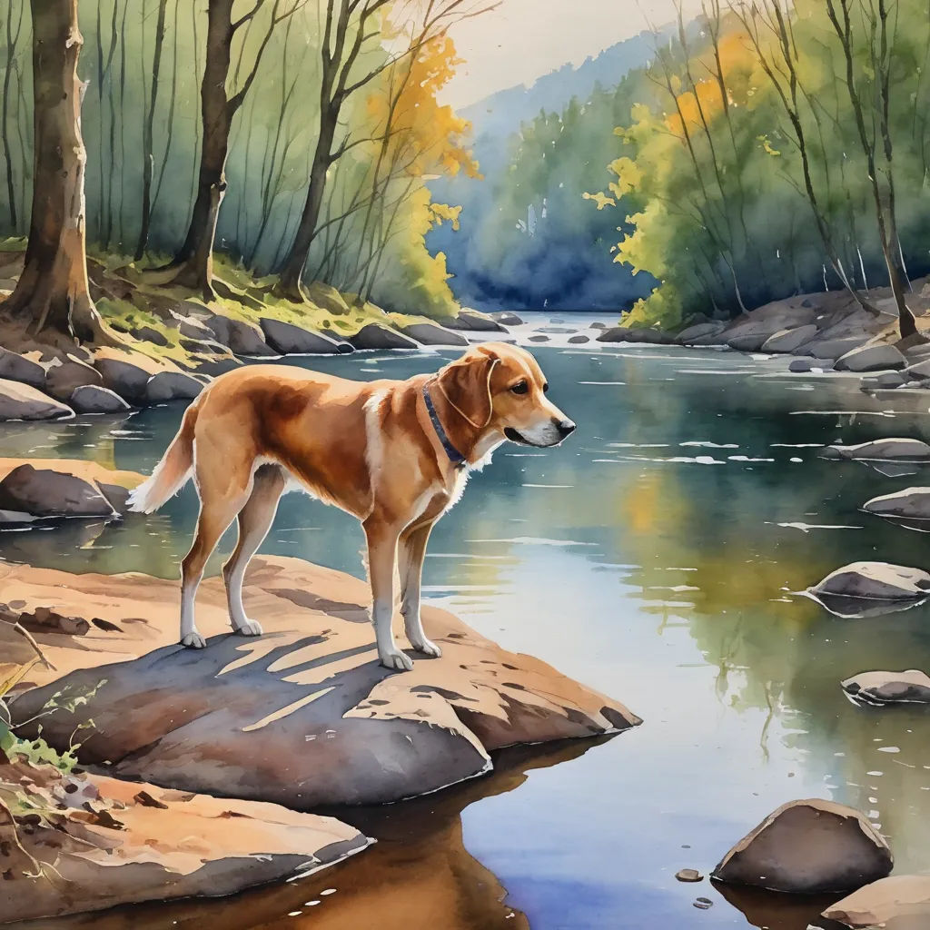 a painting of a dog standing on a rock by a river with a forest in the background and a stream running through it, american scene painting, a watercolor painting, Carol Sutton, in gouache detailed paintings
