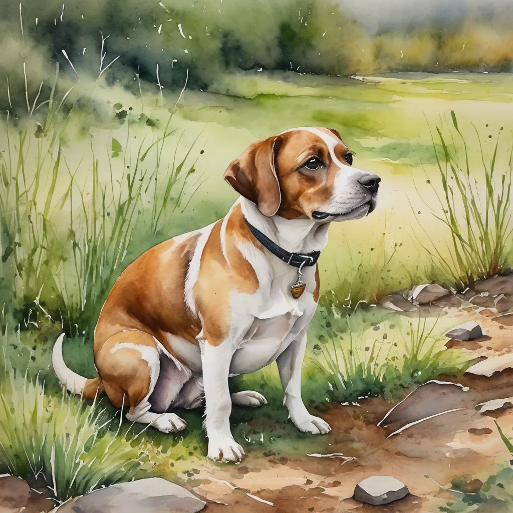 a painting of a dog sitting in a field of grass and rocks with a pond in the background and a green field behind it, figurative art, a watercolor painting, David Brewster, highly detailed portrait