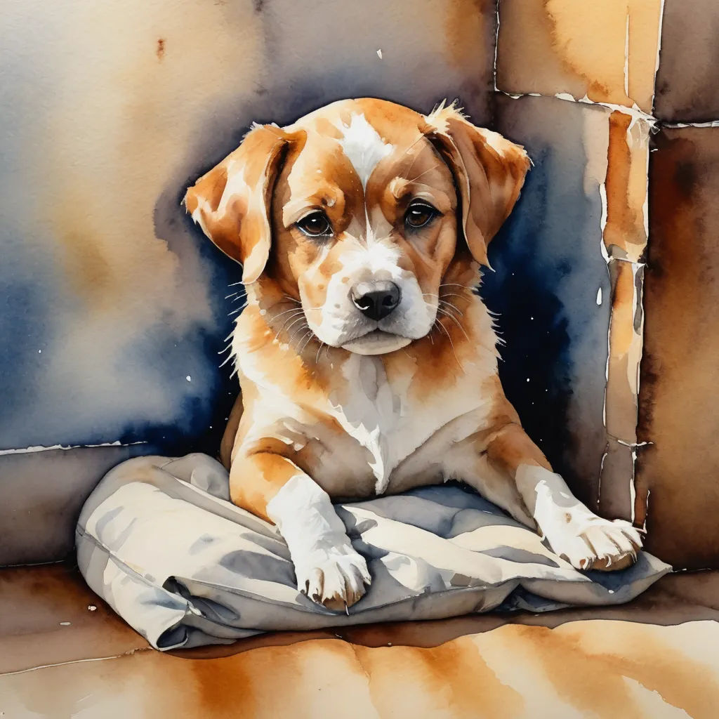 a painting of a dog sitting on a pillow on a couch with a blanket on it's back, modern european ink painting, a watercolor painting, Carol Sutton, watercolor