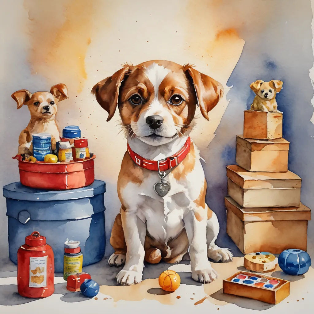 a painting of a dog sitting next to a stack of boxes and boxes with a dog on it's collar, american scene painting, a watercolor painting, Carol Sutton, in gouache detailed paintings