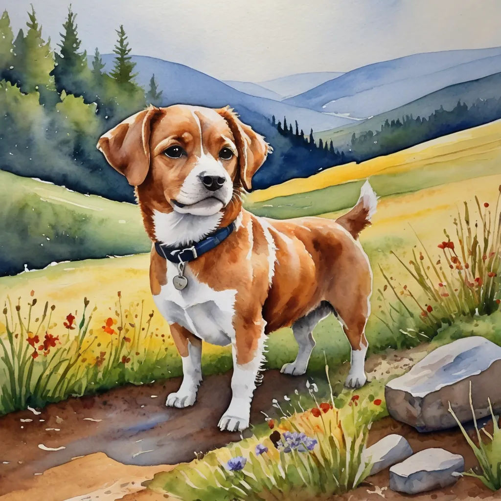 a painting of a dog standing on a dirt road in a field with mountains in the background and flowers in the foreground, naive art, a watercolor painting, David Brewster, detailed painting