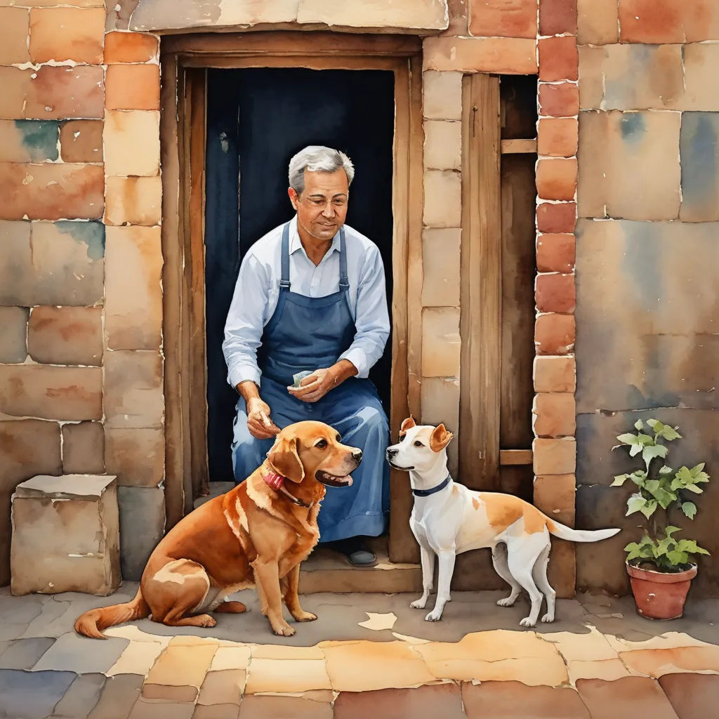 a painting of a man sitting on a door with two dogs in front of him and a potted plant, figurative art, a storybook illustration, Art Brenner, storybook illustration