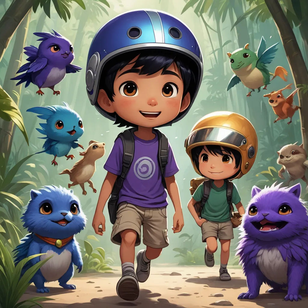 a boy with a helmet walking with other animals in the jungle with a bird on his shoulder and a bird on his shoulder, sots art, poster art, Cliff Childs, promotional image