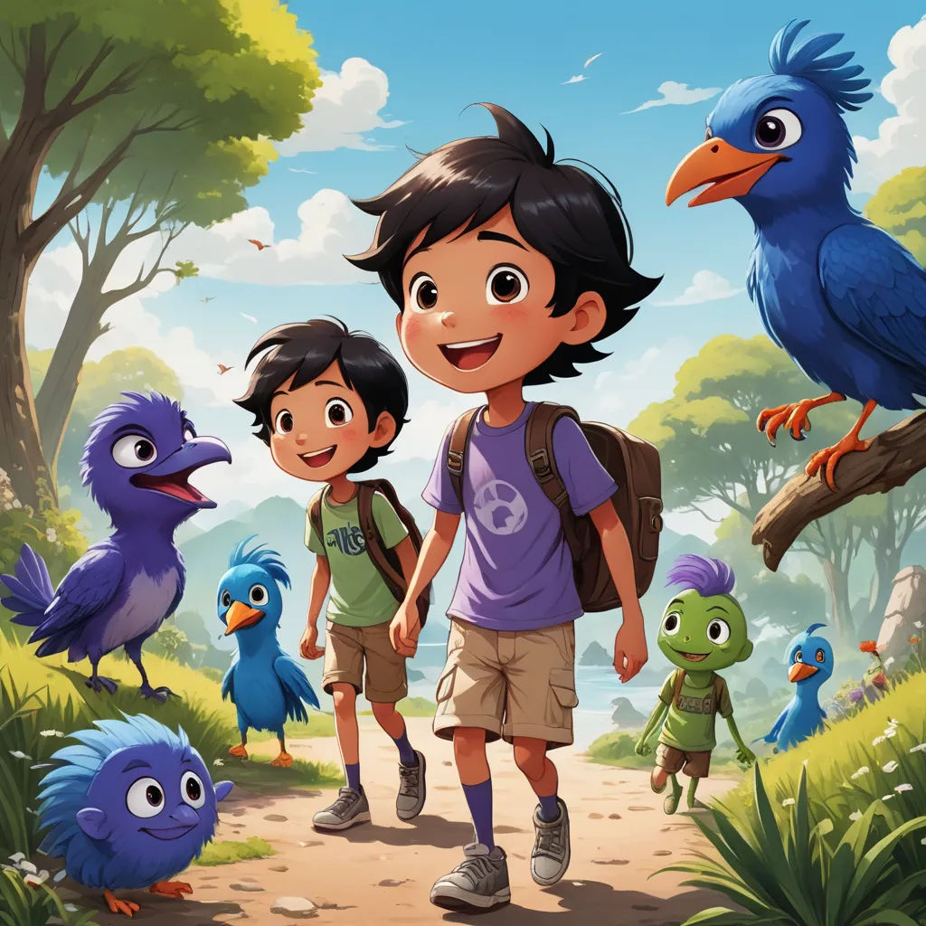 a boy and two boys are standing in the forest with birds and birds around him, and a bird is on the ground, lyco art, a storybook illustration, Diego Gisbert Llorens, promotional image
