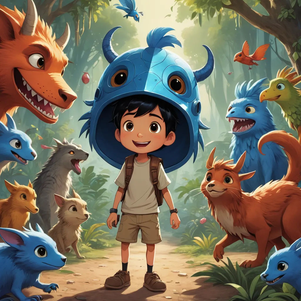a boy with a blue hat surrounded by animals and birds in a forest with a forest background that has a boy in a blue hat and a bunch of blue animals, furry art, poster art, Diego Gisbert Llorens, promotional image