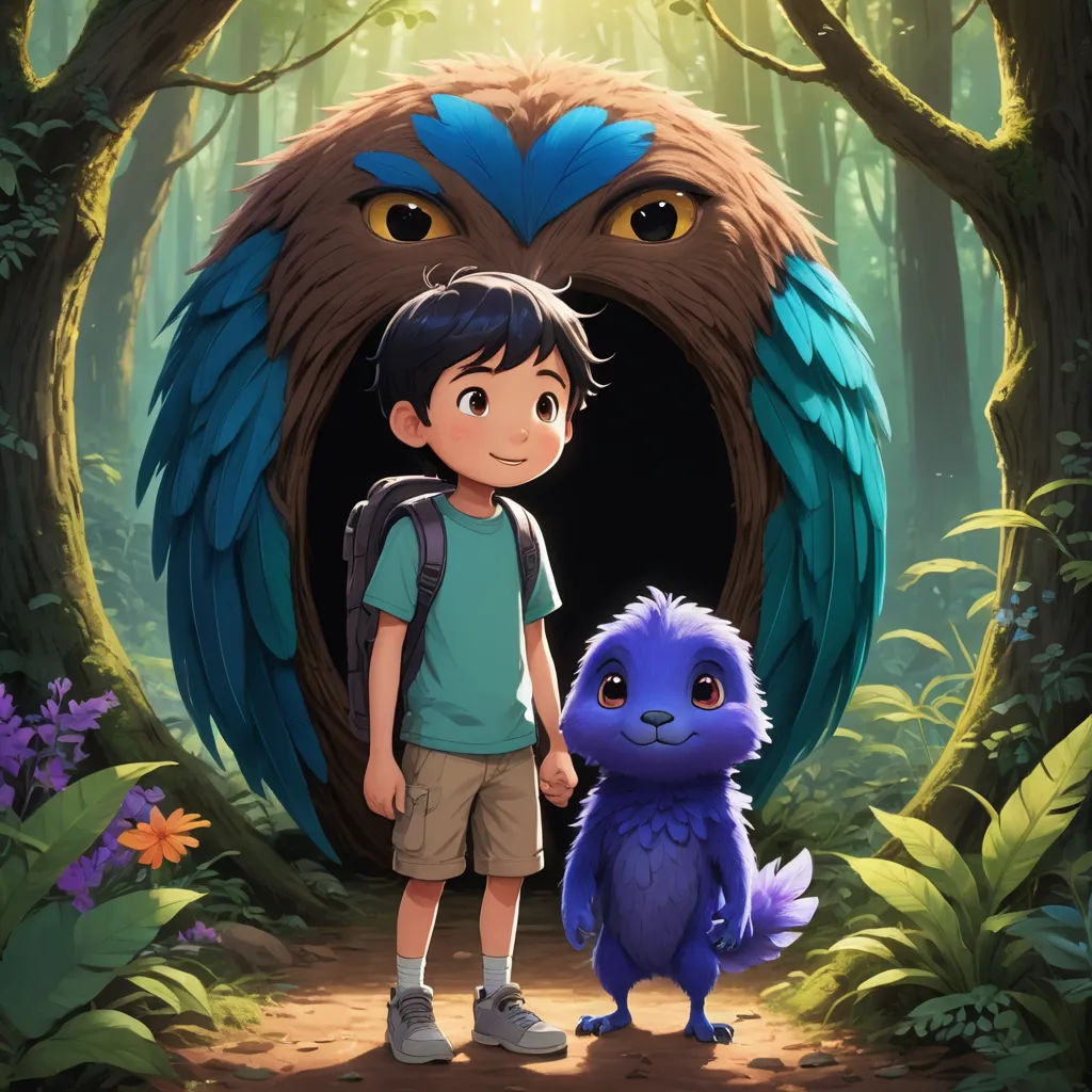 a boy standing in front of a blue bird in a forest with a big owl behind him and a blue bird in front of him, furry art, a storybook illustration, Chris LaBrooy, promotional image