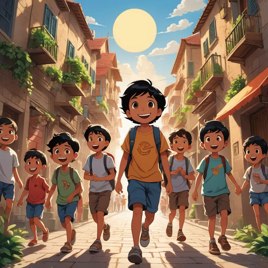 a boy is walking with a group of children in a city street with buildings and a sun in the background, samikshavad, a storybook illustration, Brothers Hildebrandt, official art