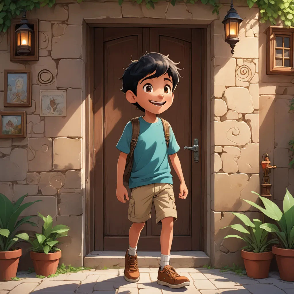 a boy standing in front of a door with a backpack on his back and a backpack on his shoulder, photorealism, a storybook illustration, Diego Gisbert Llorens, rossdraws global illumination