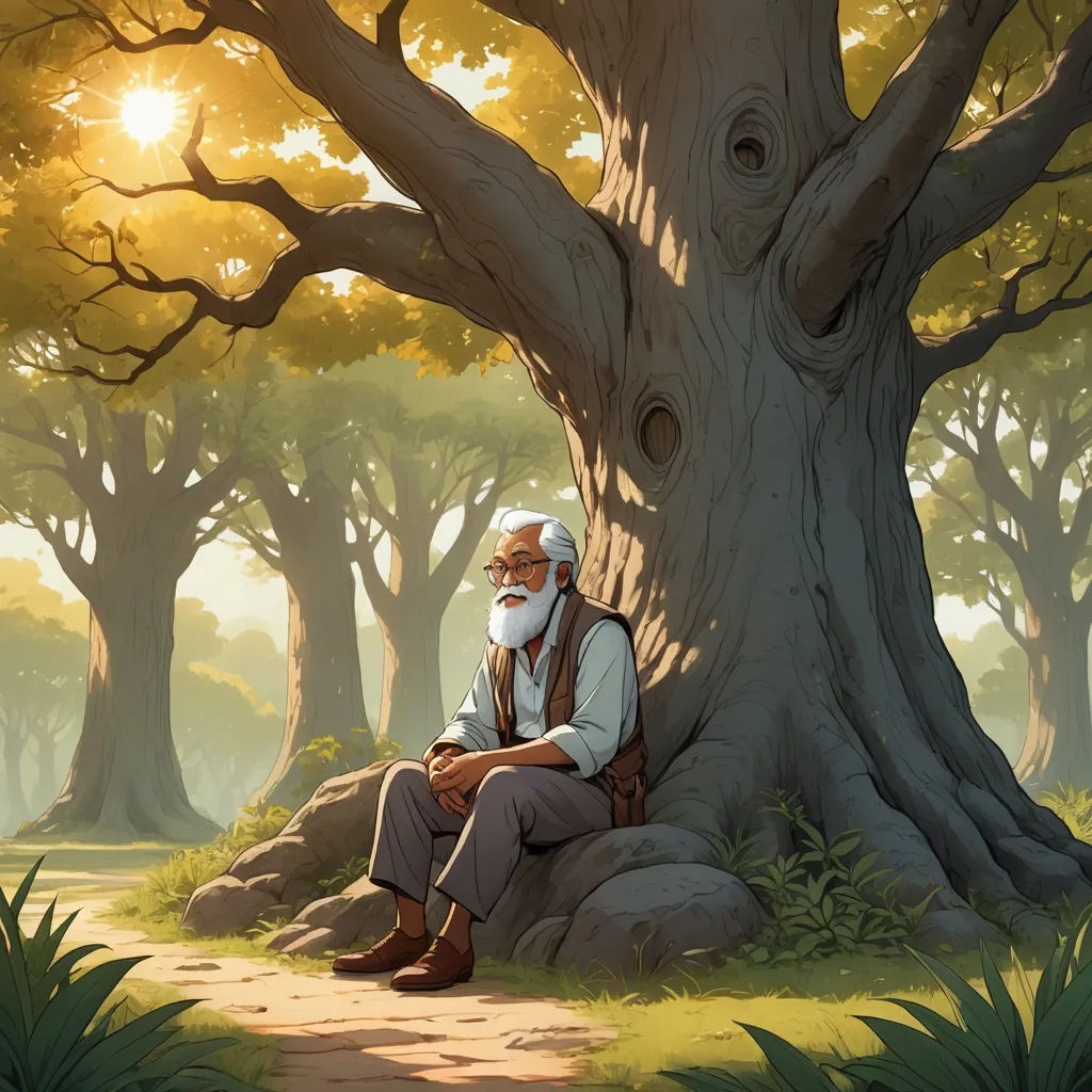 a man sitting on a rock under a tree in a forest with sun shining through the trees behind him, fantasy art, a storybook illustration, Cliff Childs, rossdraws global illumination