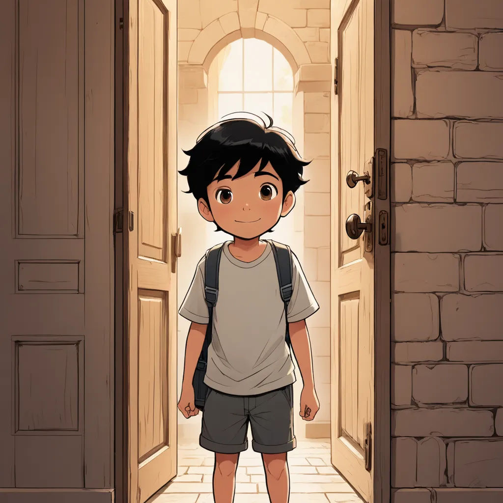 a boy standing in a doorway with a backpack on his back and a backpack on his shoulder, in front of a brick wall, serial art, a comic book panel, Diego Gisbert Llorens, comic cover art