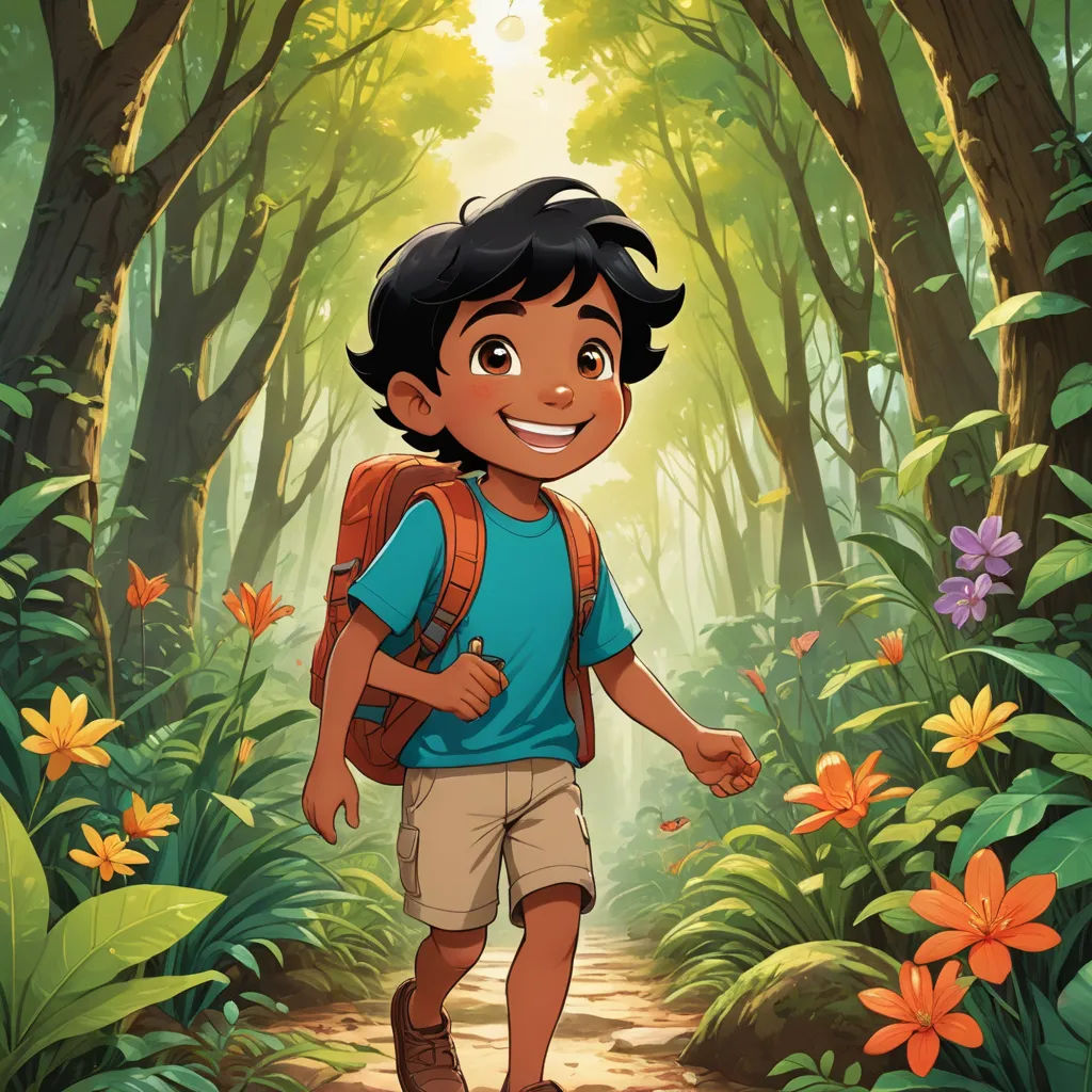 a boy with a backpack walking through a forest with flowers on the ground and a trail in the background, samikshavad, a character portrait, Eddie Mendoza, promotional image