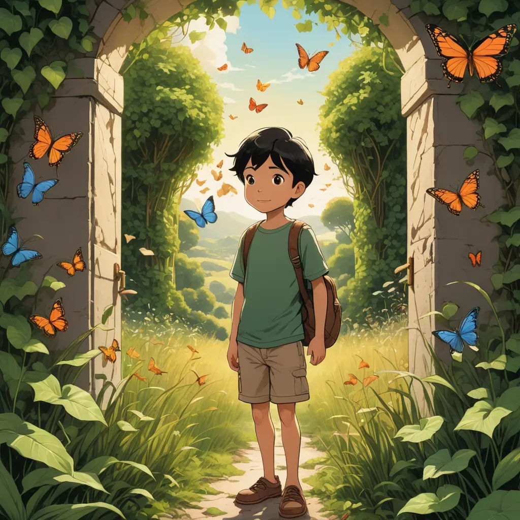 a boy standing in a doorway with butterflies flying around him and a butterfly flying above him in the background, magical realism, a storybook illustration, Cliff Childs, yukito kishiro