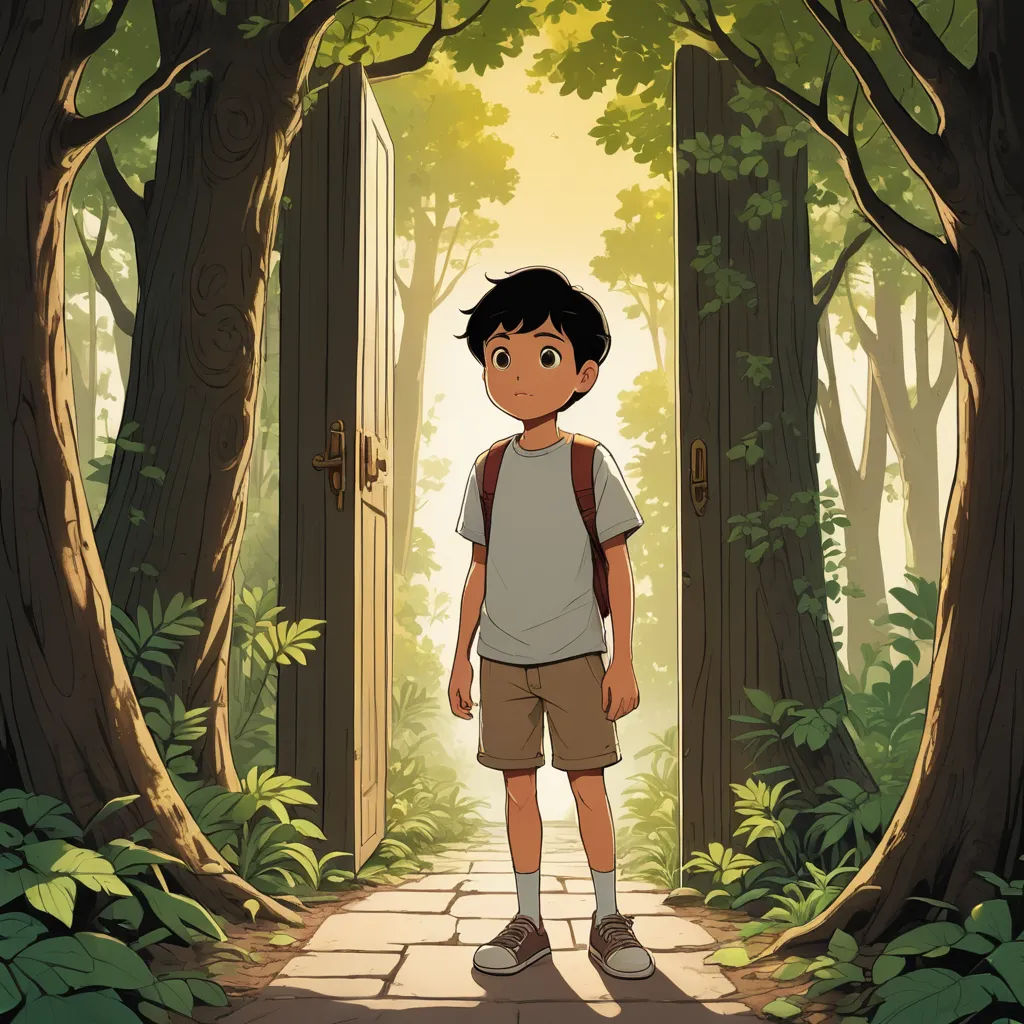 a boy standing in front of a doorway in a forest with trees and leaves on the ground and a door leading to another room, dau-al-set, a storybook illustration, Cliff Childs, ghibli