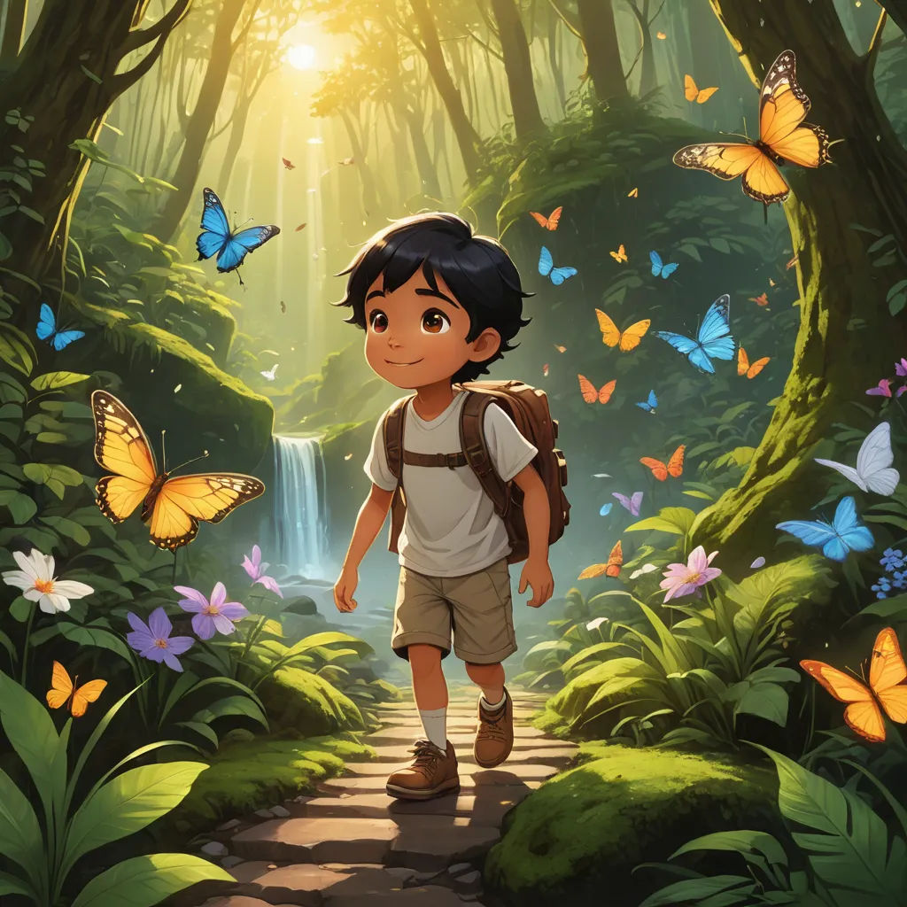 a boy walking through a forest with butterflies flying around him and a waterfall in the background with a waterfall in the middle, magical realism, a storybook illustration, Cliff Childs, official art