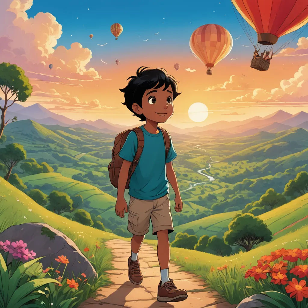 a boy is standing on a path in the mountains with hot air balloons flying above him and a hot air balloon in the sky, magical realism, a storybook illustration, Cliff Childs, official art