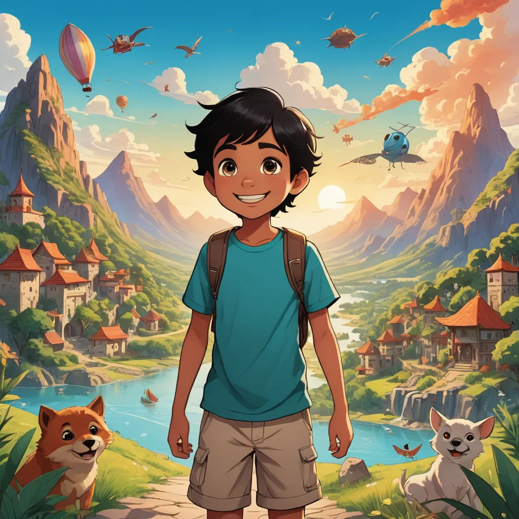 a boy standing in front of a mountain with a dog and a bird flying over him and a river, fantasy art, a storybook illustration, Chris LaBrooy, rossdraws global illumination
