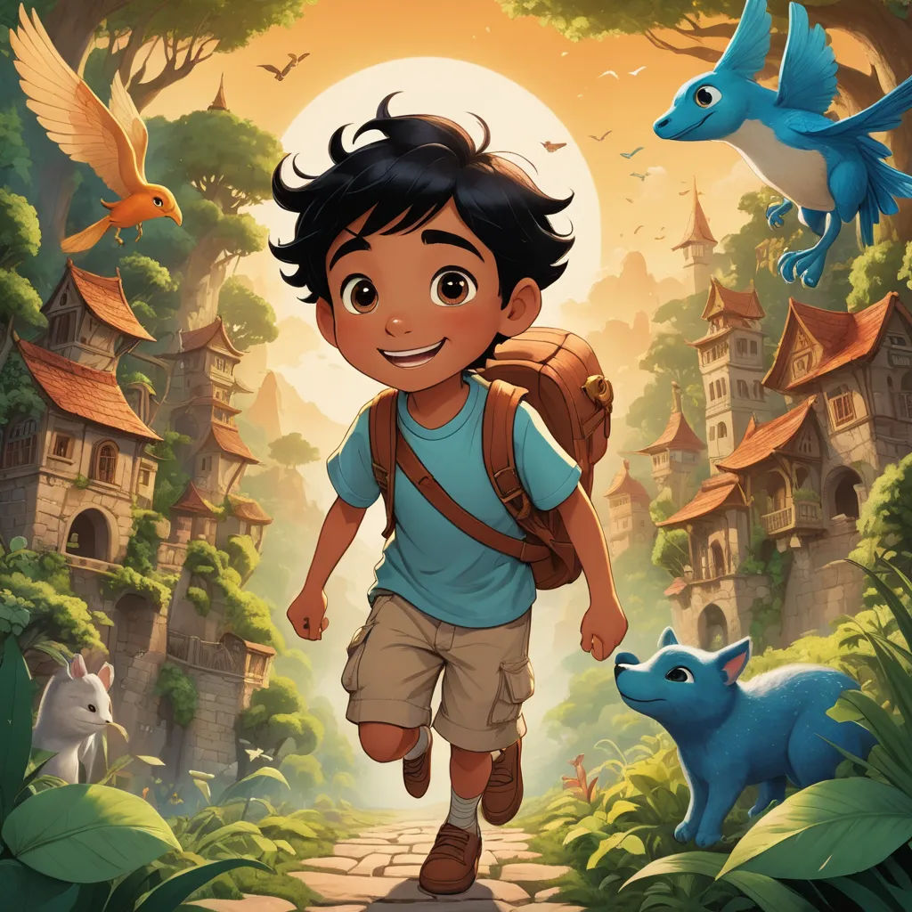 a boy with a backpack walking through a forest with a bird flying above him and a blue bird flying above him, fantasy art, a storybook illustration, Cliff Childs, comic cover art