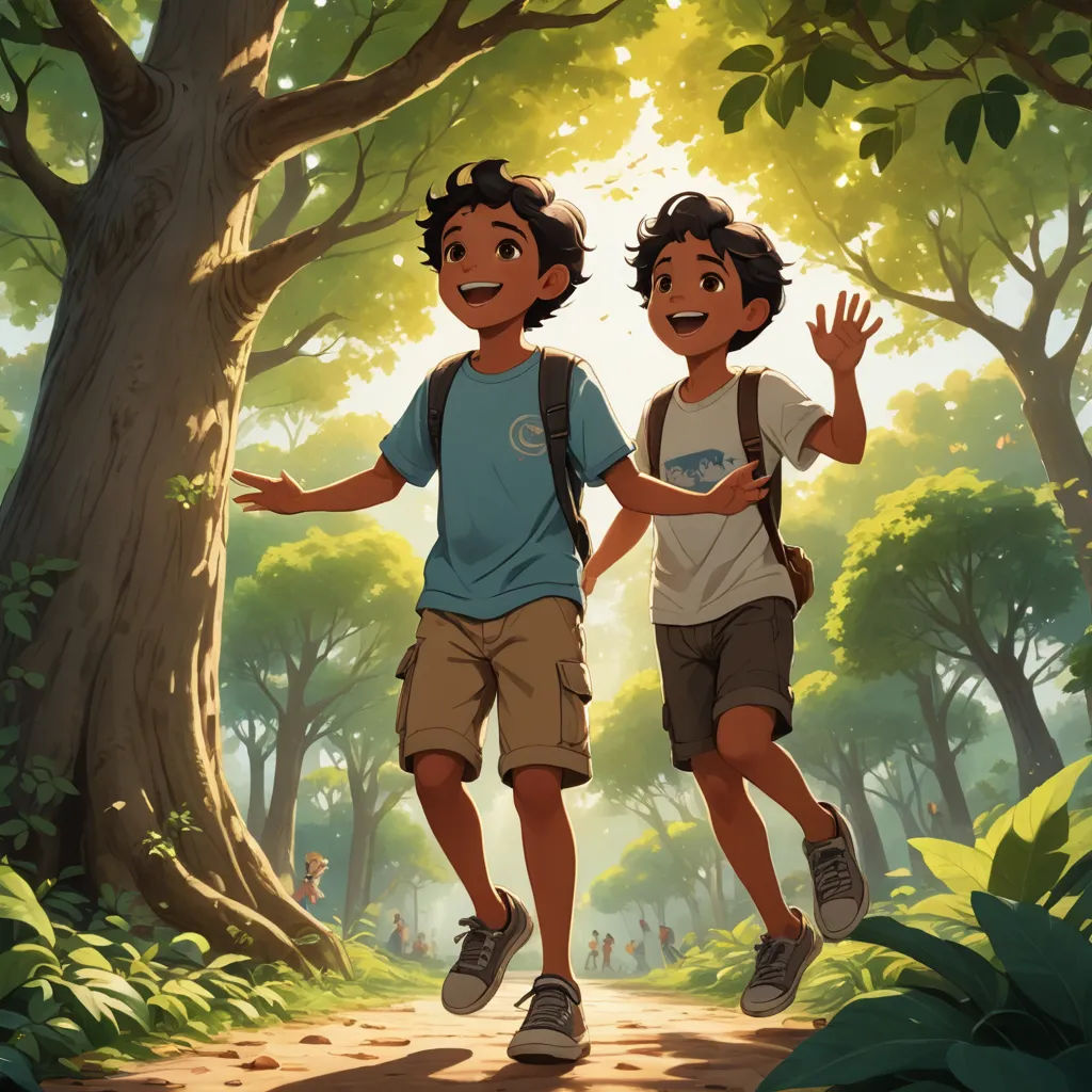 two children running through a forest with trees and leaves on the ground, one of them is holding his hand out, environmental art, poster art, Brothers Hildebrandt, official art