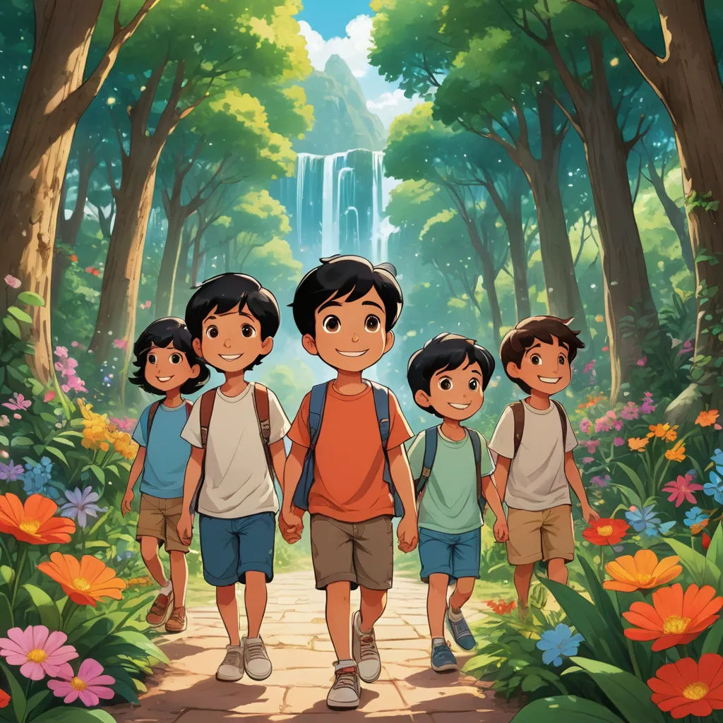 a group of children walking down a path in a forest with a waterfall in the background and flowers all around, samikshavad, poster art, disney, promotional image