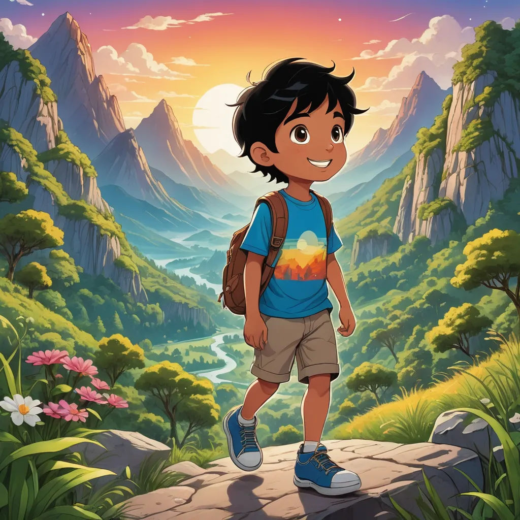 a boy with a backpack standing on a rock in front of a mountain landscape with a river and mountains, lyco art, poster art, Cliff Childs, promotional image