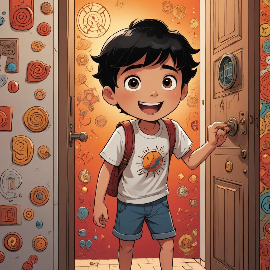 a boy is standing in front of a door with a sun on it and a door handle in the background, space art, a comic book panel, Chris LaBrooy, comic cover art