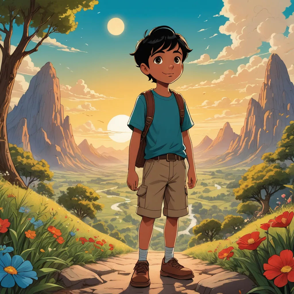 a boy standing on a path in a field with flowers and mountains in the background with a sun setting, dau-al-set, a detailed matte painting, Cliff Childs, official art