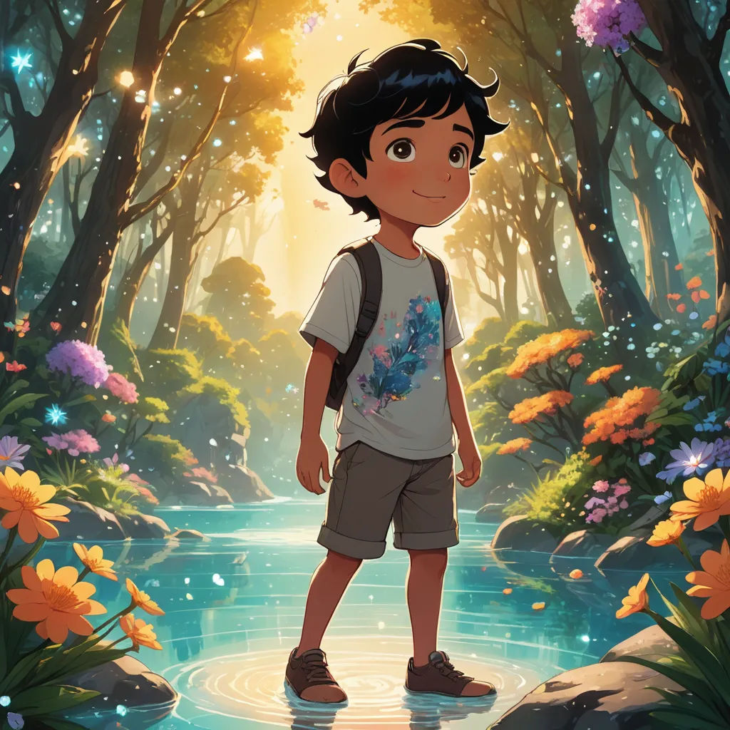 a boy standing in a forest with a stream of water in front of him and a forest with flowers, fantasy art, a storybook illustration, Cliff Childs, official art