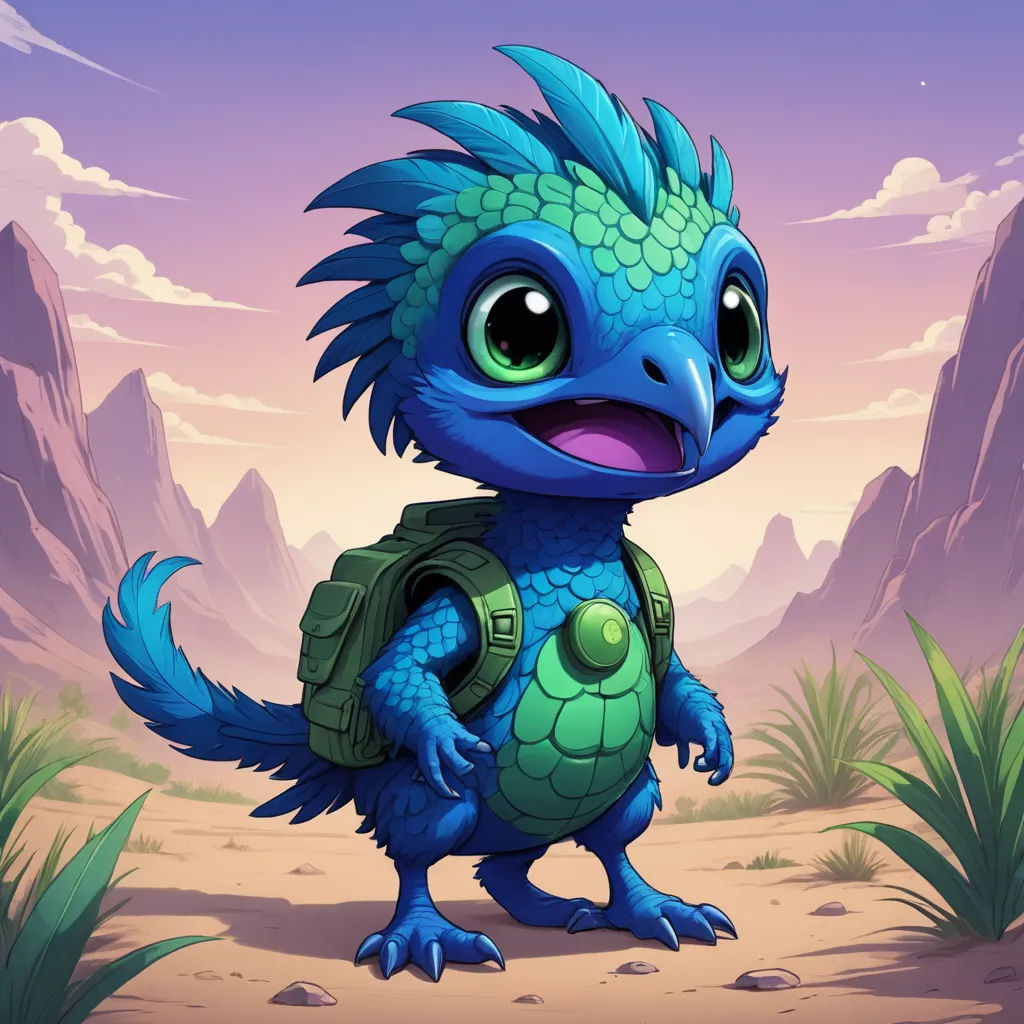 a cartoon blue dragon with a backpack on a desert landscape with mountains in the background and a purple sky, sots art, a character portrait, Chris LaBrooy, game art