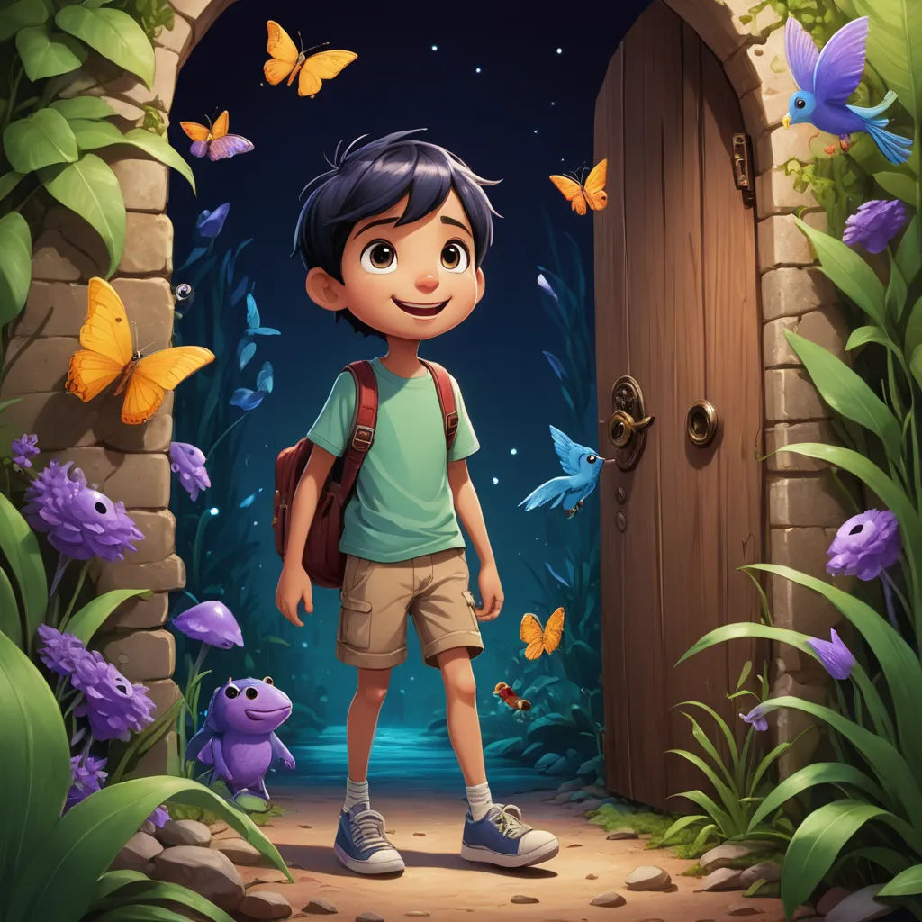 a boy standing in front of a doorway with butterflies flying around him illustration by alex krautke, magical realism, a storybook illustration, Cliff Childs, promotional image