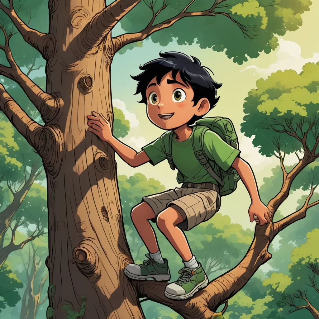 a boy climbing a tree in a forest with a backpack on his back and a backpack on his shoulder, process art, a storybook illustration, Diego Gisbert Llorens, comic cover art