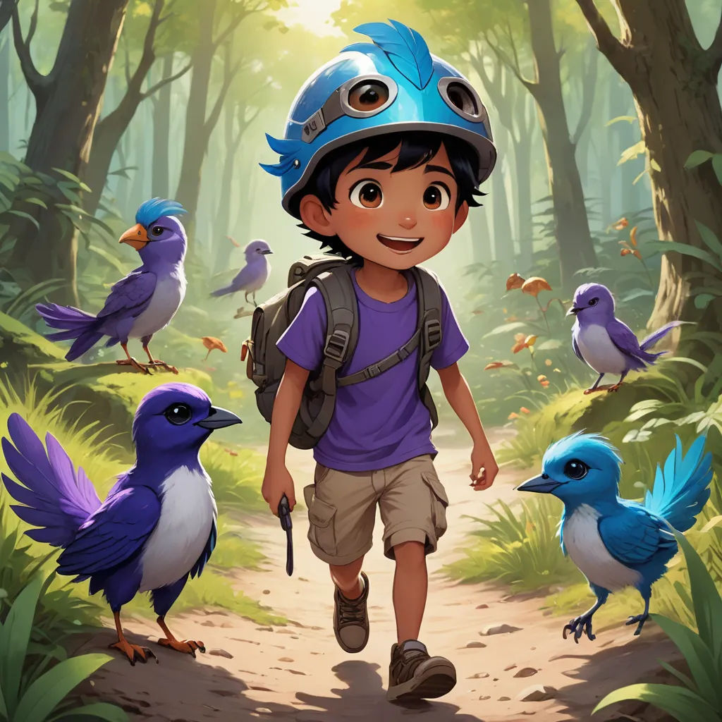 a boy with a helmet walking through a forest with birds on the ground and a bird on his back, altermodern, a character portrait, Chris LaBrooy, key art