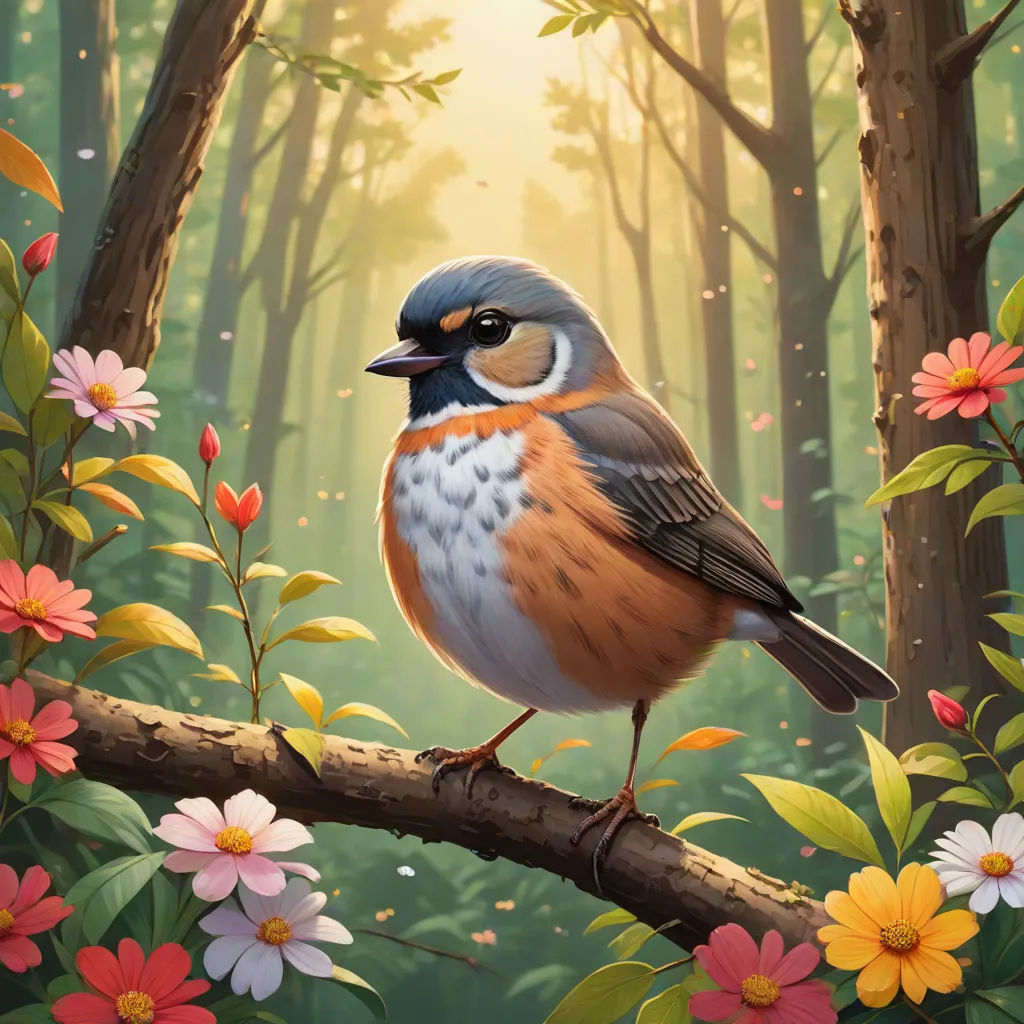 a bird sitting on a branch in a forest with flowers and trees in the background, with sunlight coming through the trees, Chris LaBrooy, fantasy art, a digital painting, highly detailed digital painting