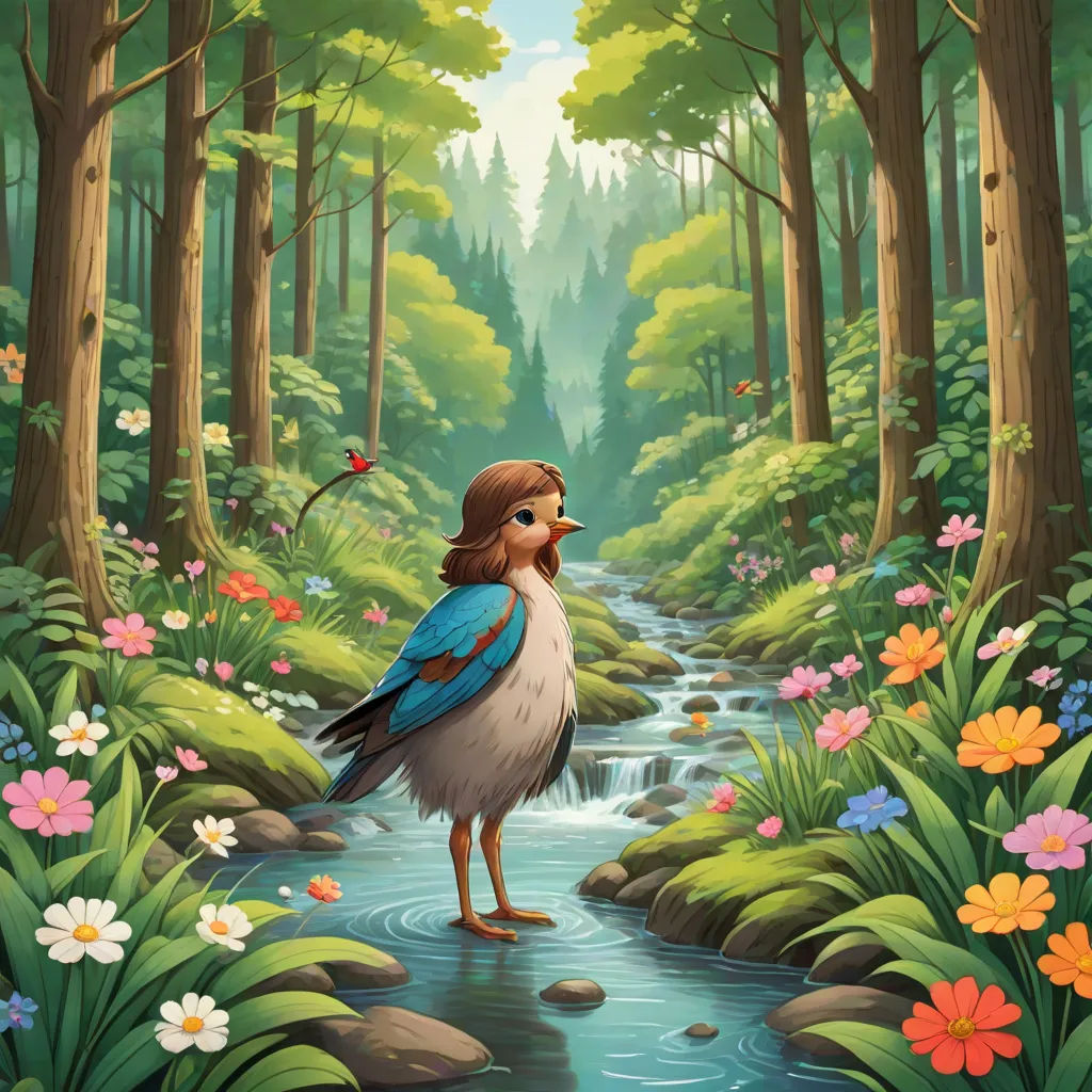 a bird standing in a forest with a stream of water and flowers around it, with a bird on its back, Chris LaBrooy, magic realism, a storybook illustration, storybook illustration
