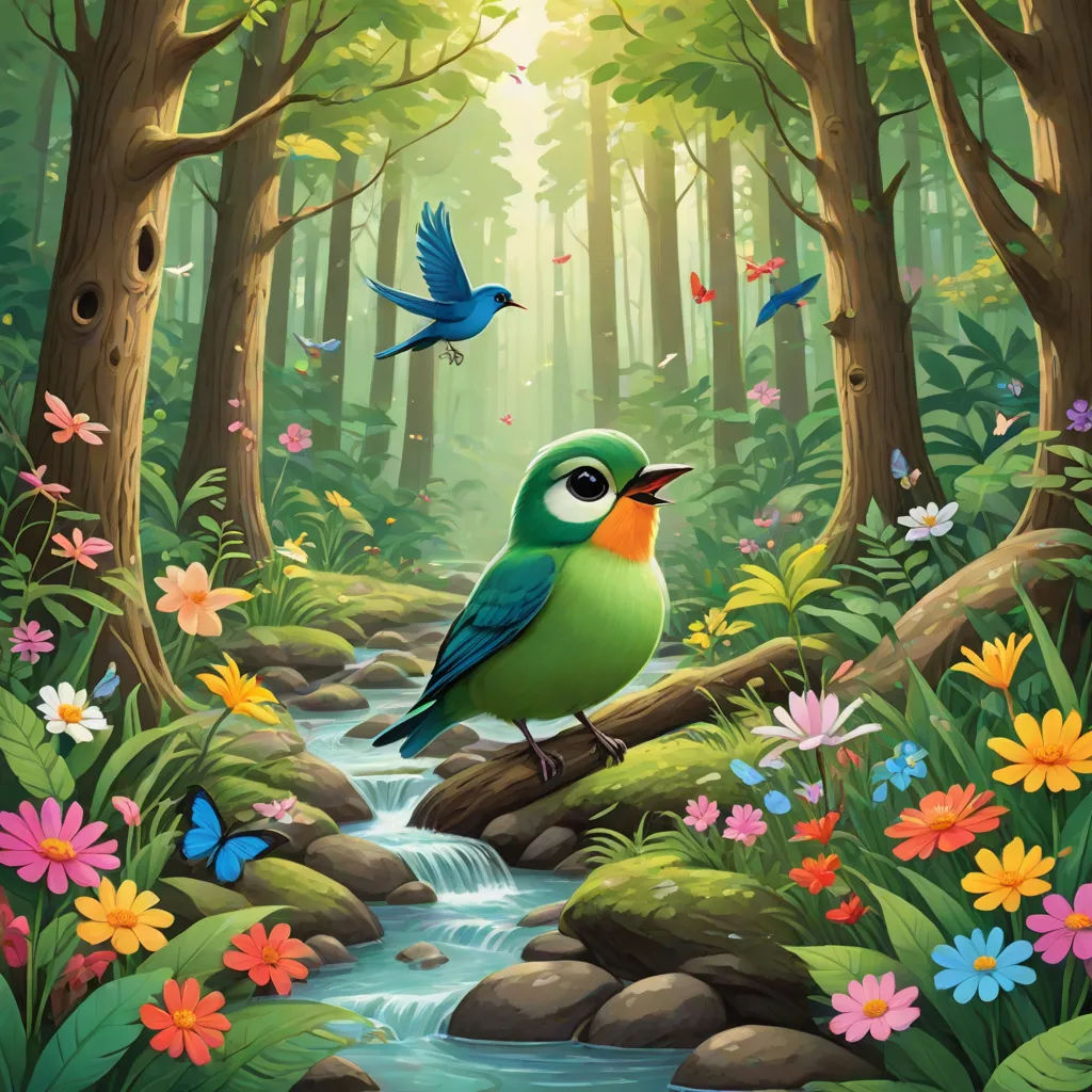 a painting of a bird sitting on a branch in a forest with a stream and flowers in the foreground, Chris LaBrooy, environmental art, a storybook illustration, game art