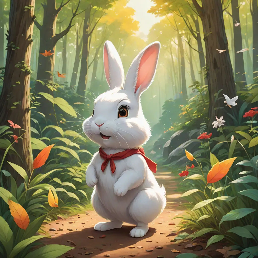 a white rabbit sitting on a path in a forest with butterflies flying around it and a red ribbon around its neck, Clint Cearley, altermodern, a painting, rossdraws global illumination