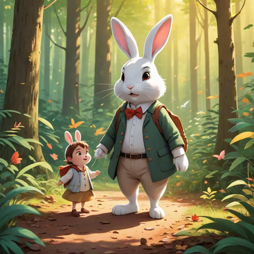 a rabbit and a little girl are walking through the woods together holding hands and looking at each other with a forest background, Esao Andrews, altermodern, a storybook illustration, official art