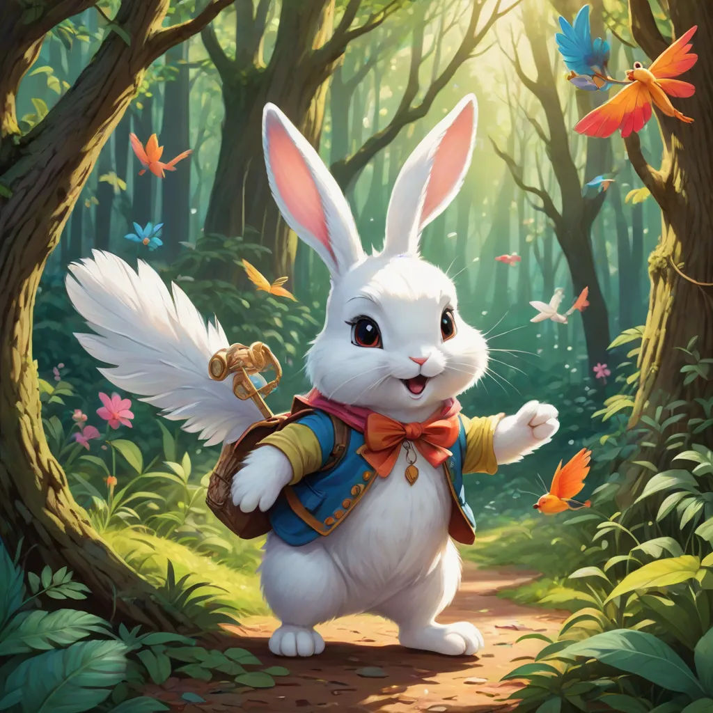 a white rabbit with a bow tie and a backpack in a forest with butterflies flying around it and a forest path with trees and grass, Chris LaBrooy, altermodern, a detailed painting, magic the gathering artwork