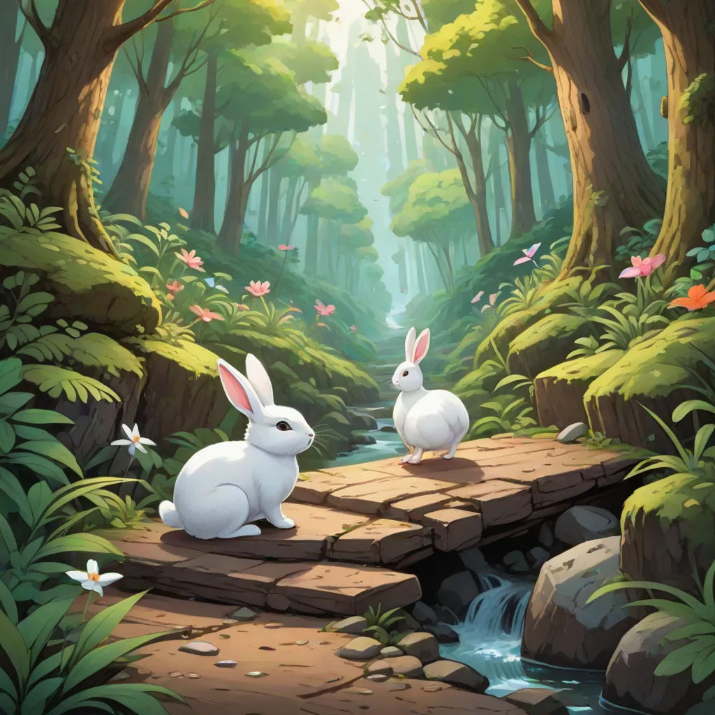 two rabbits sitting on a rock in a forest with a stream running through it and flowers around them,, Chris LaBrooy, fantasy art, a storybook illustration, rossdraws global illumination
