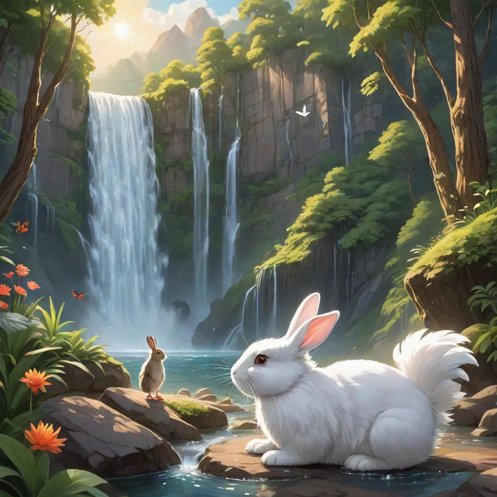 a white rabbit sitting on a rock next to a waterfall and a person standing in the water near a waterfall, Chris LaBrooy, fantasy art, a storybook illustration, magic the gathering artwork